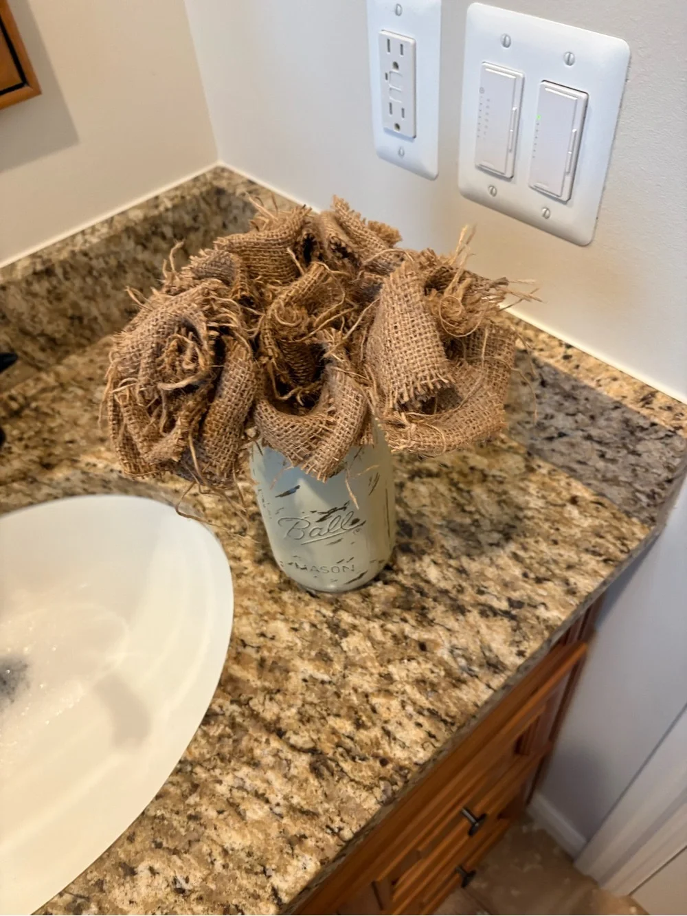 Mason Painted Jar Vase with Burlap Flowers - Cream